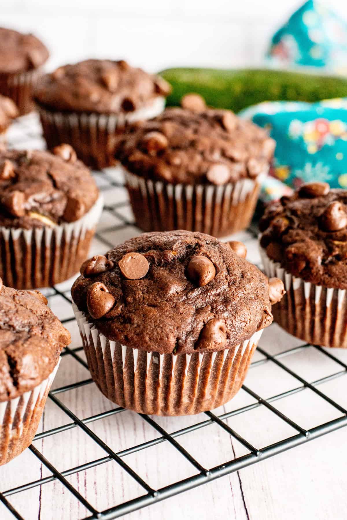 double chocolate zucchini muffins cooling