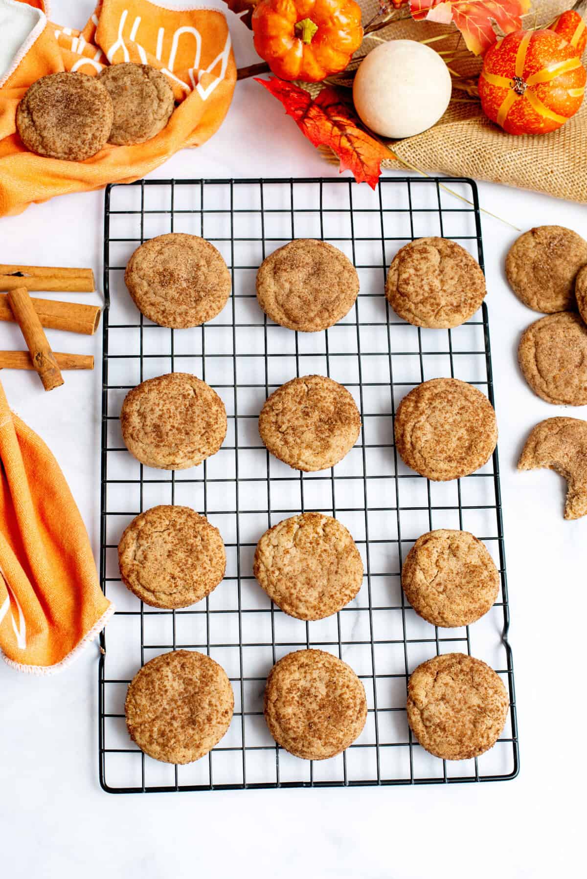 Cool pumpkin spice snickerdoodles on cooling rack