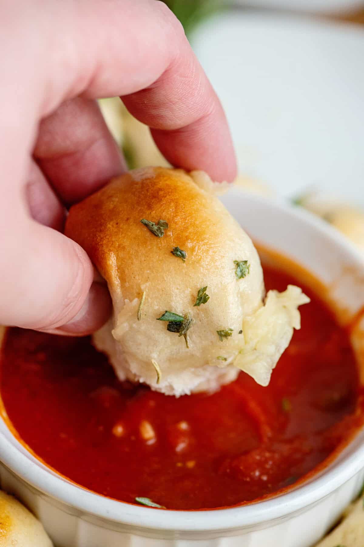 Dip Cheesy Pull Apart Bread Christmas Wreath in marinara sauce