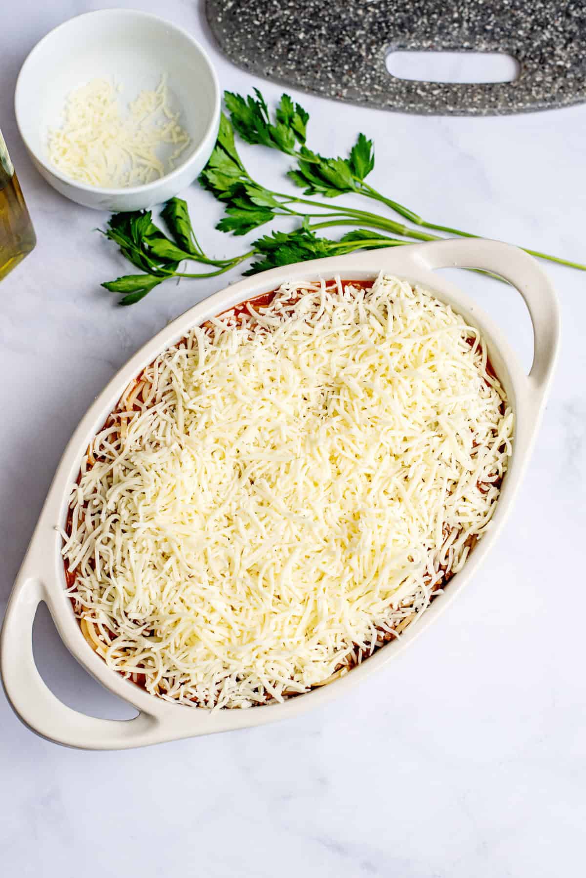 Top Baked Spaghetti with Cheese before baking