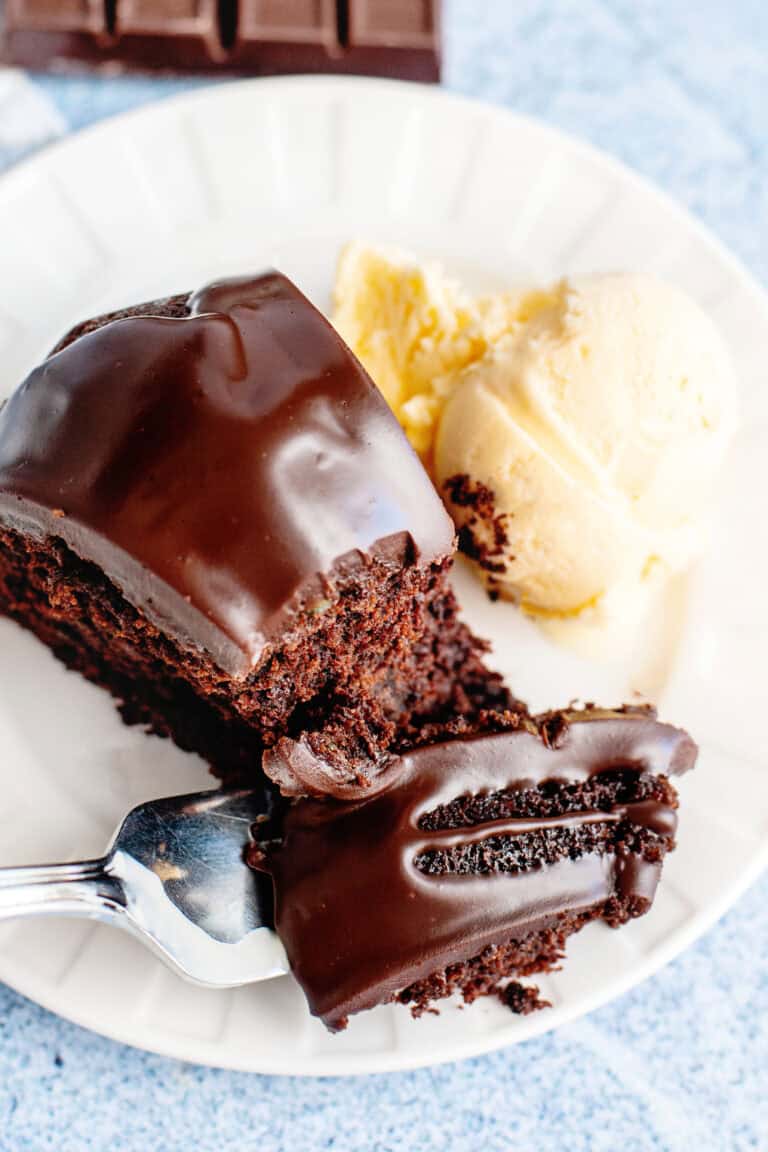 slice of Chocolate Zucchini Cake with ice cream