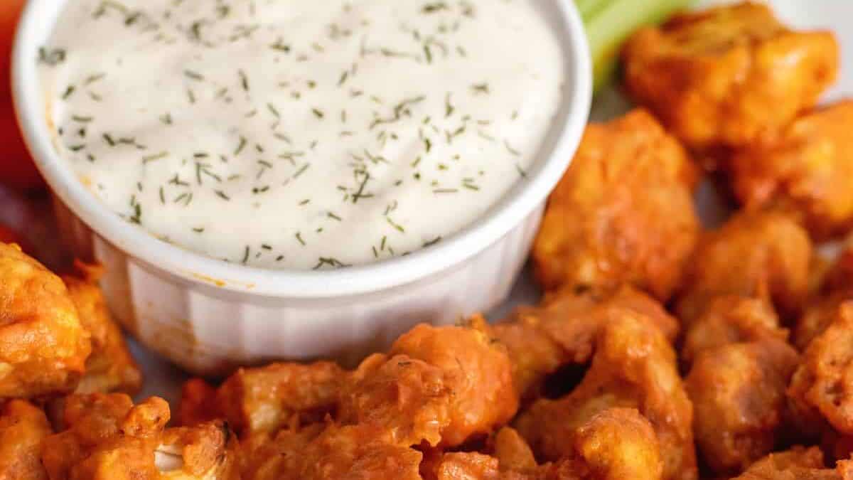 Plate of cauliflower buffalo bites with ranch and vegetable sticks.