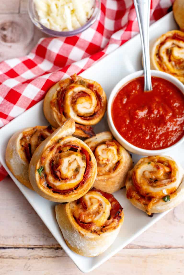 Pepperoni Pizza Rolls with marinara sauce