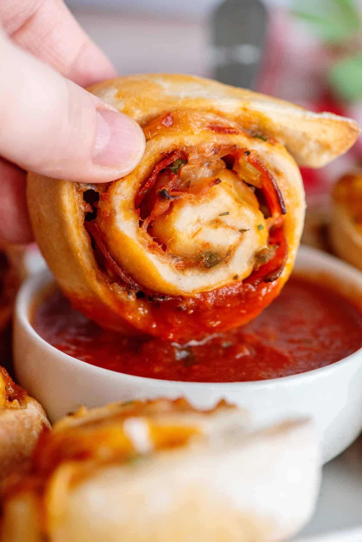 Pepperoni Pizza Rolls with extra marinara