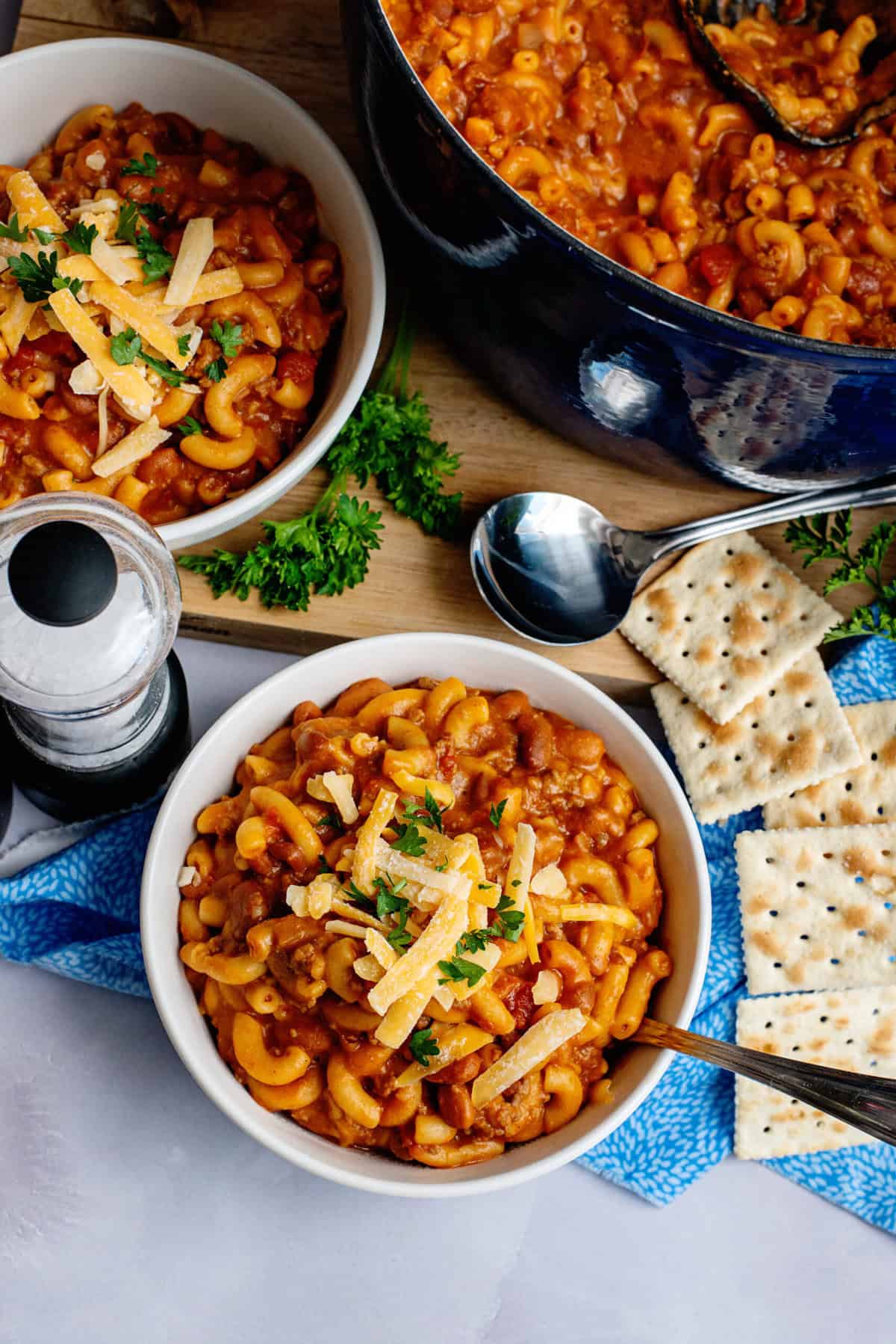 One Pan Chili Mac with garnishes