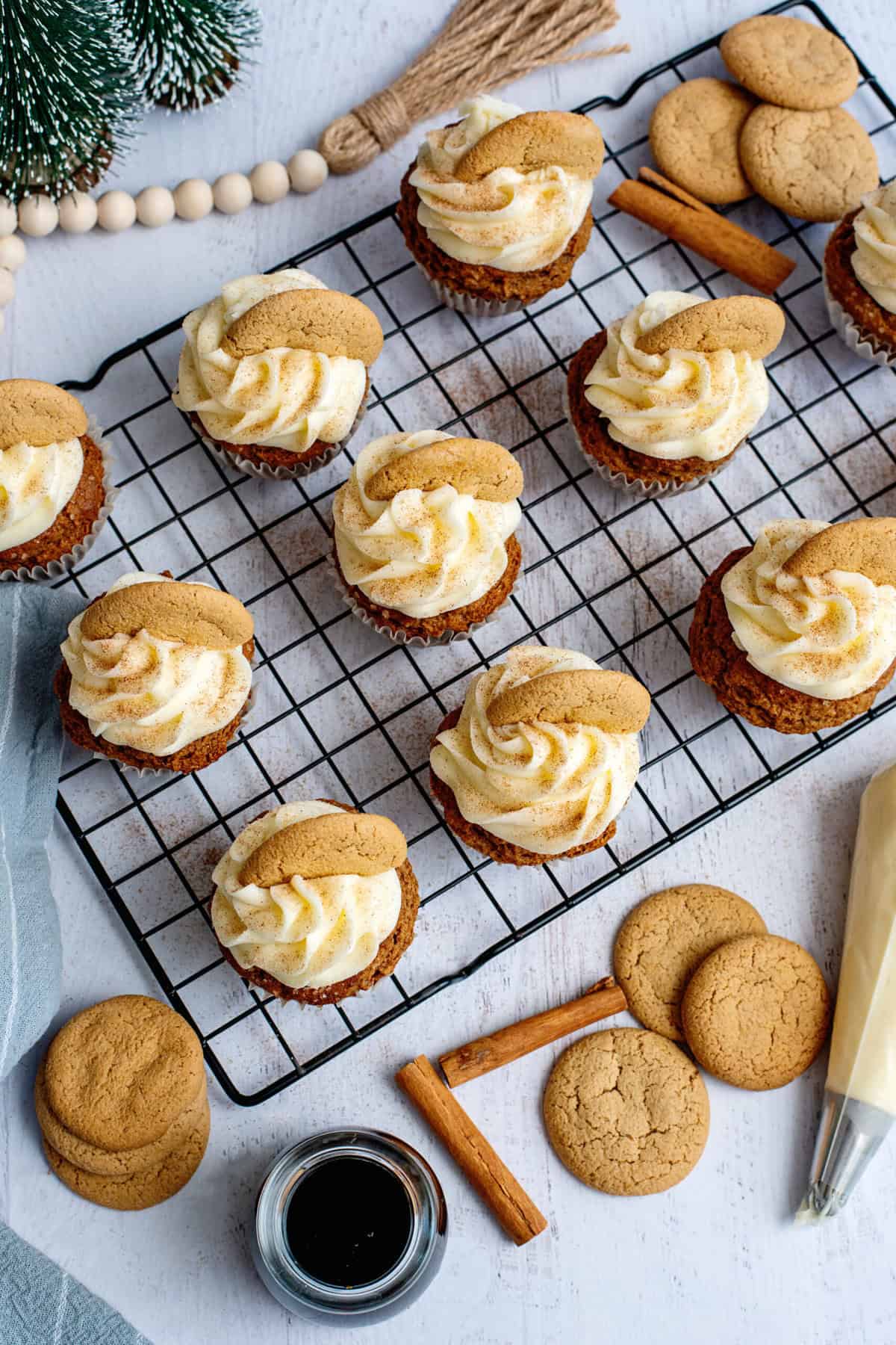 Pipe frosting, add optional cinnamon sugar and gingersnap