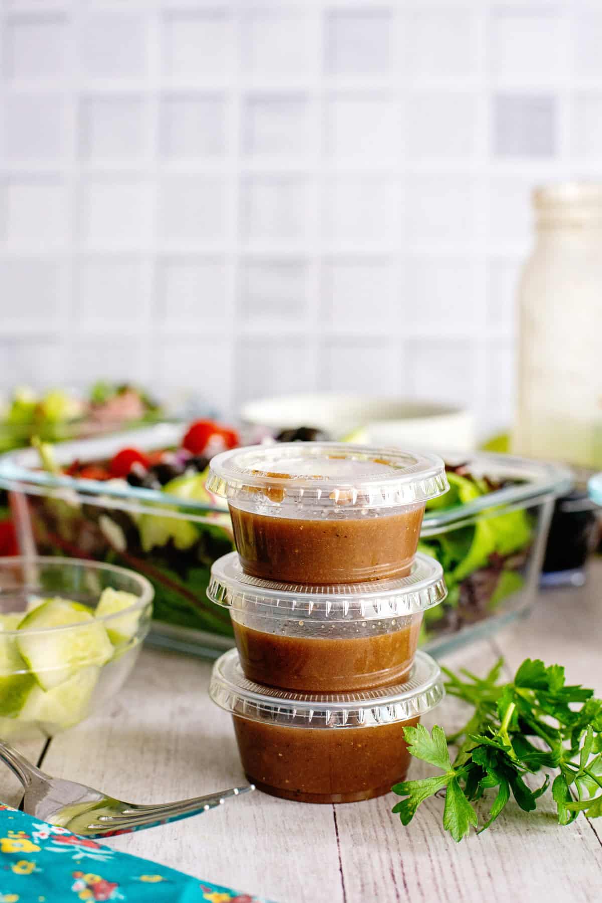 Portion vinaigrette into small cups for Sub in a Tub