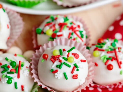 Sugar Cookie Cake Balls with Christmas Colors