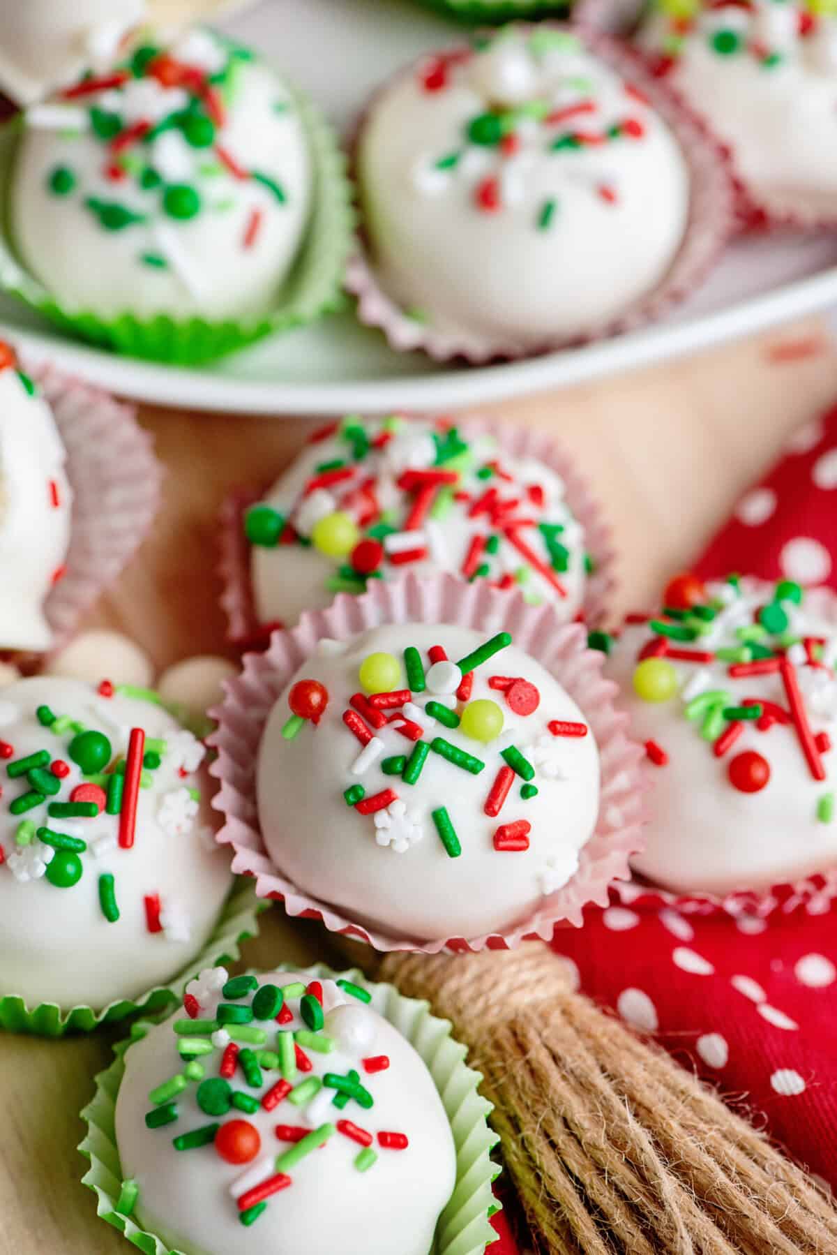 Sugar Cookie Cake Balls with Christmas Colors