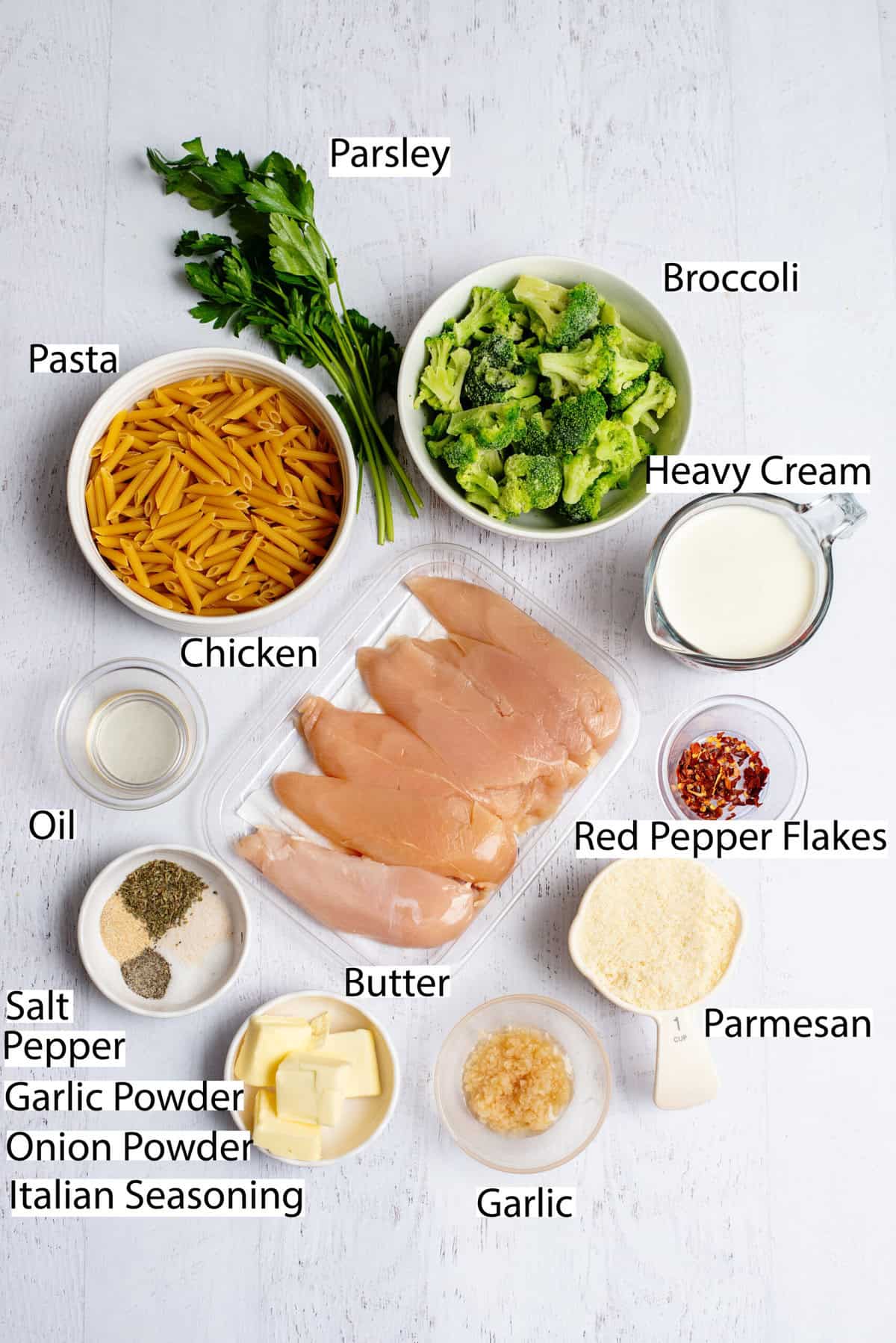 Garlic Parmesan Chicken Tenderloin and Broccoli Pasta Ingredients