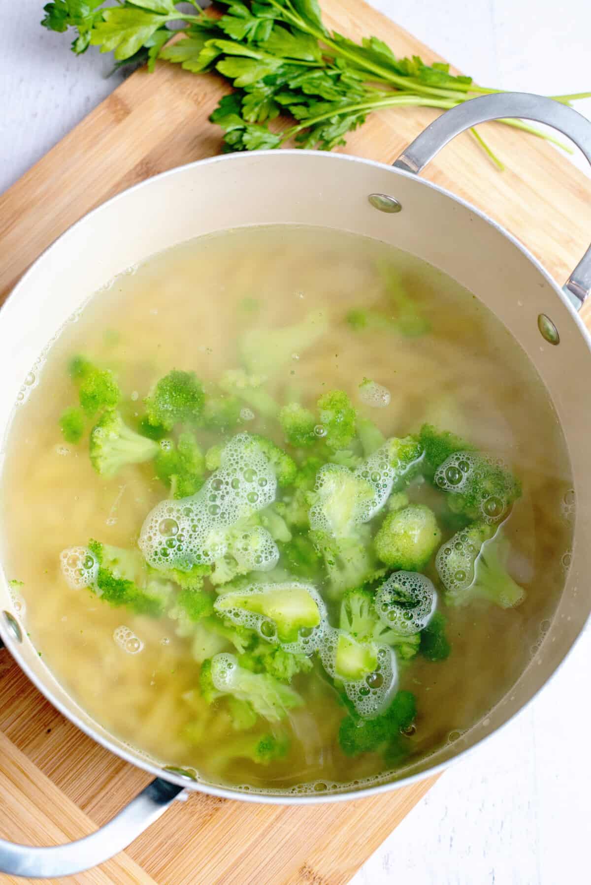 Add broccoli to cooked pasta