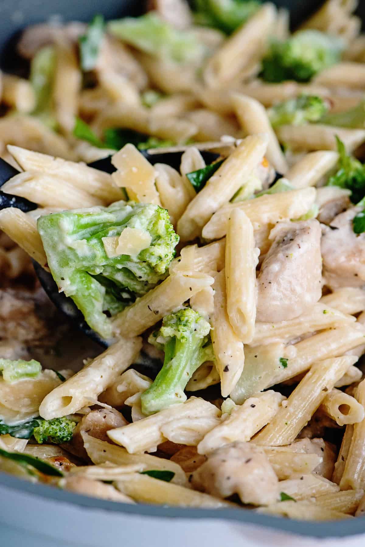 Garlic Parmesan Chicken Tenderloins and Broccoli Pasta close up