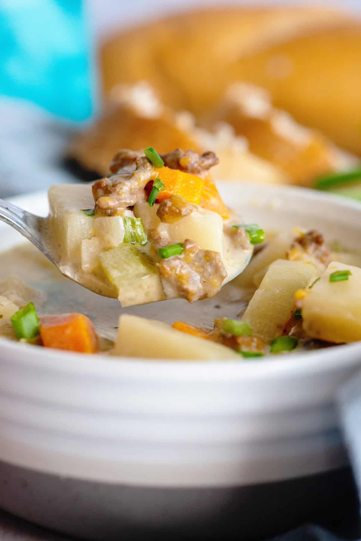 Crockpot Potato and Hamburger Soup ready to eat