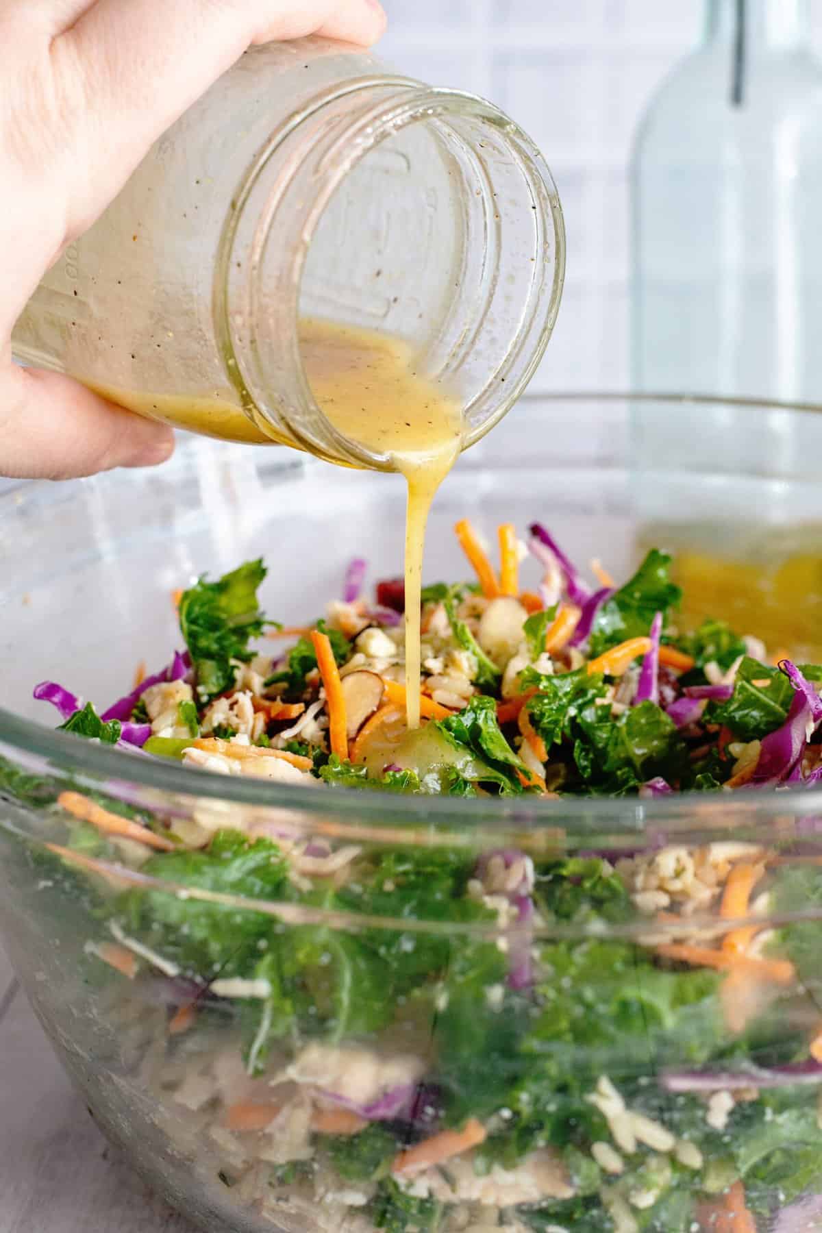 Pour dressing over the greens mixture