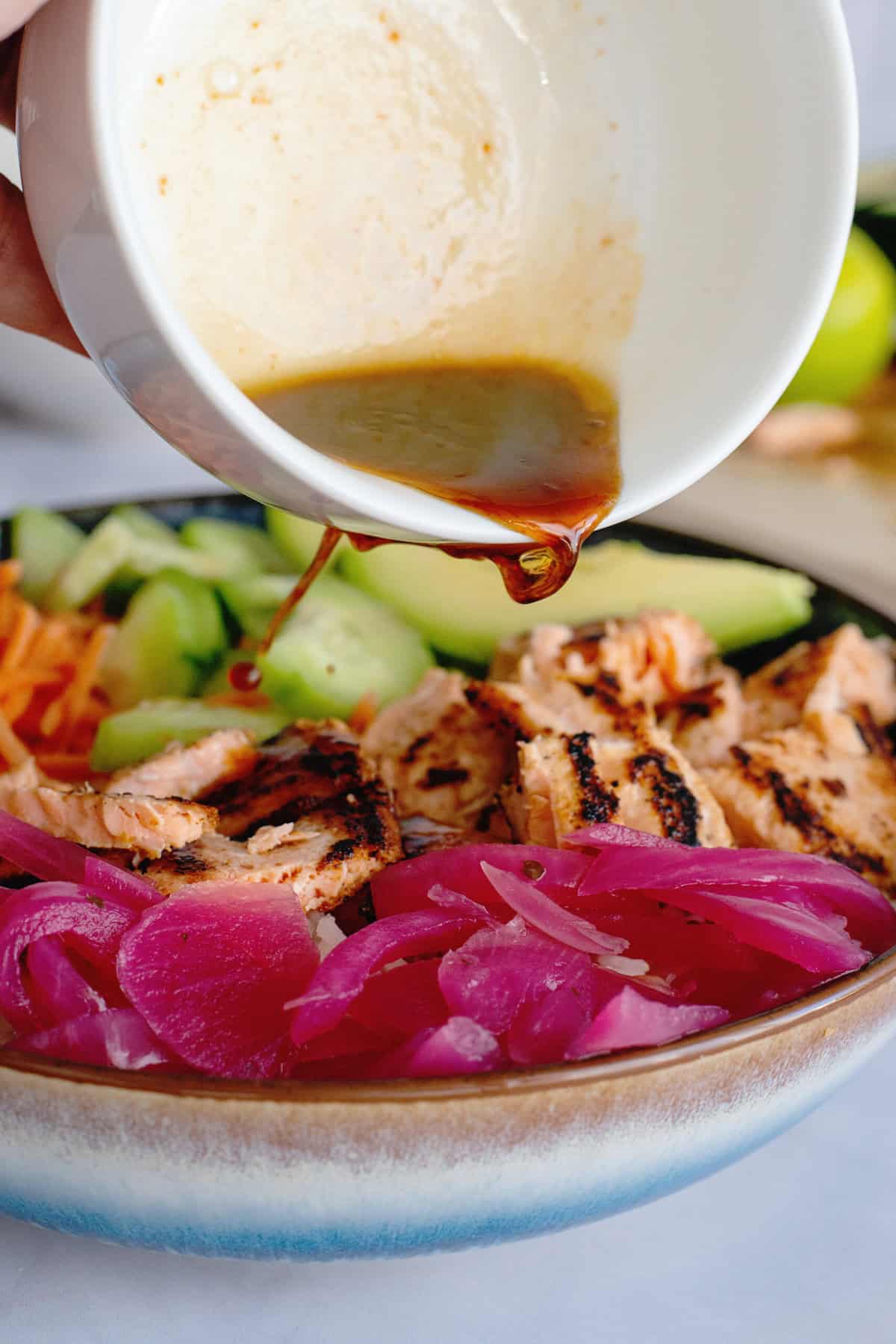 assemble and drizzle dressing over Salmon Rice Bowl