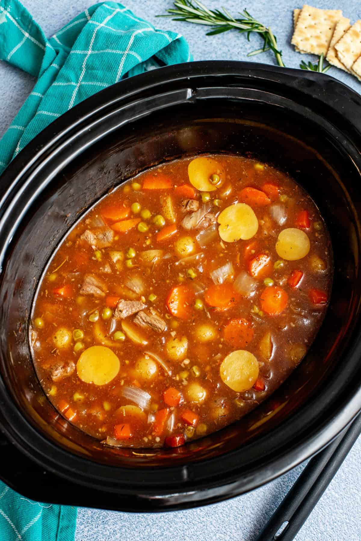 Stew is done when beef is tender and vegetables are soft