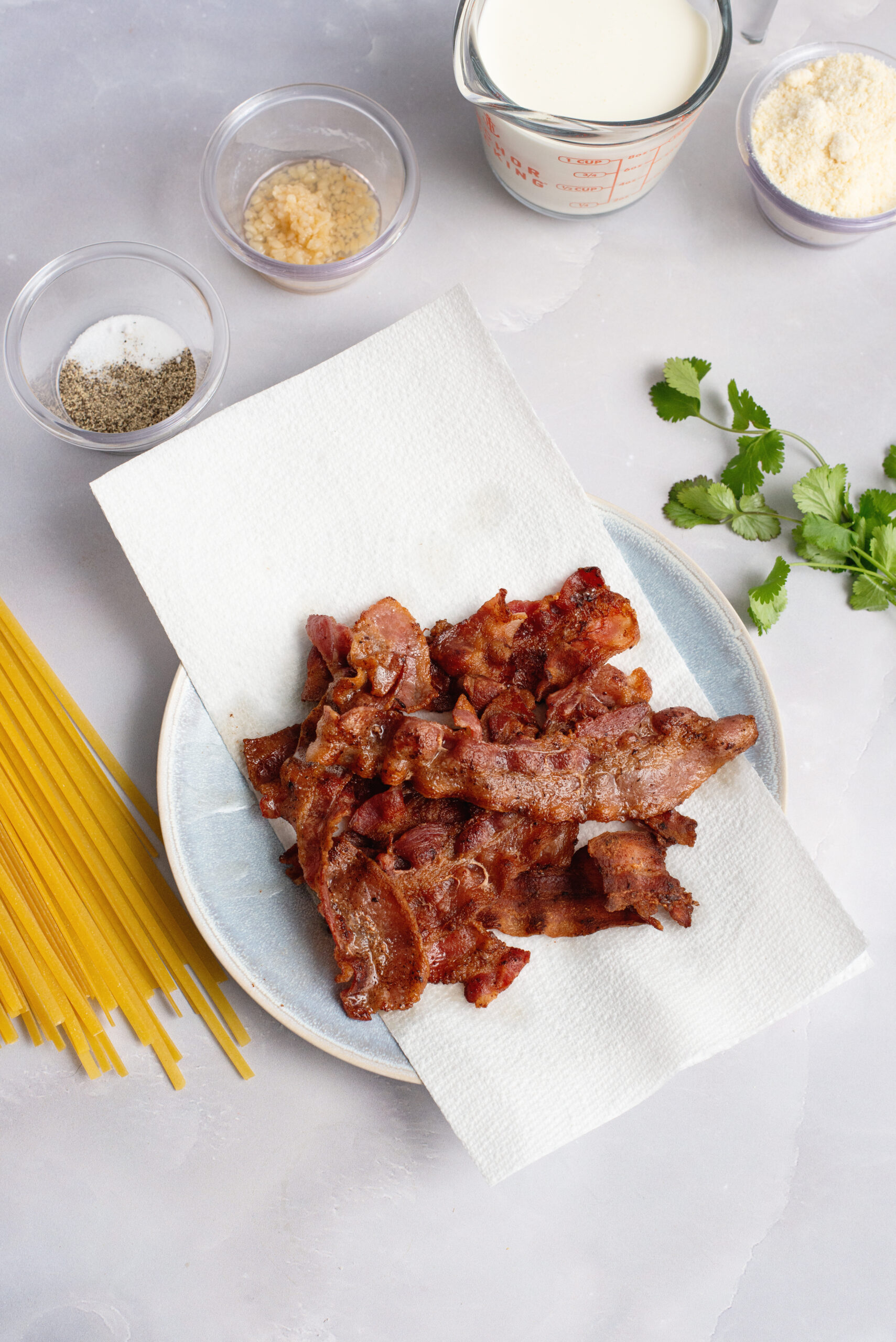 Cook bacon until crispy.