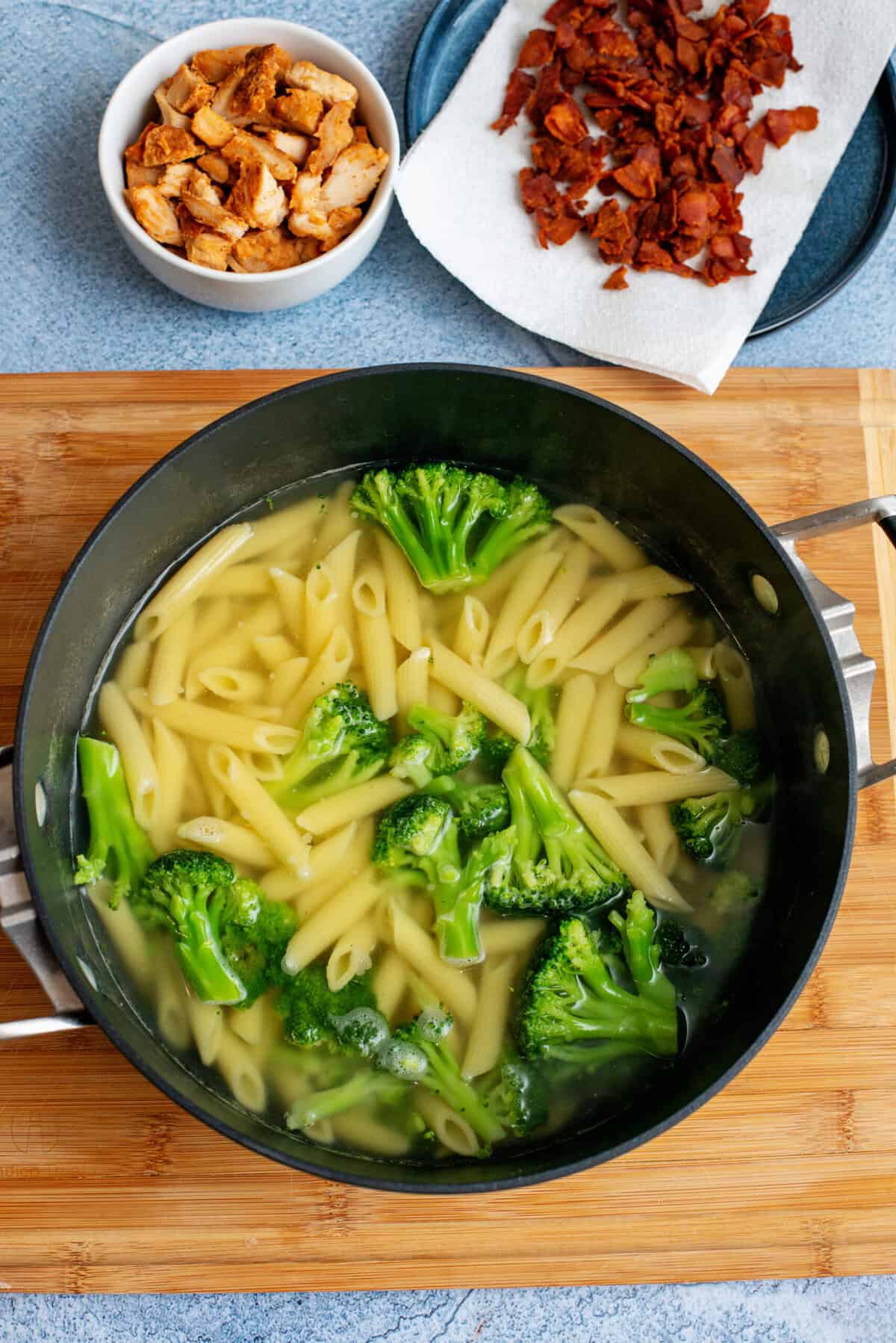 Add broccoli to the pasta during cooking